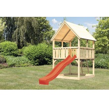 Spielturm AKUBI Luis Holz mit Sandkasten und Rutsche rot