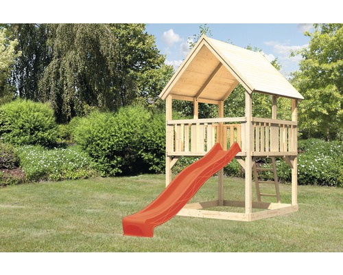 Spielturm AKUBI Luis Holz mit Sandkasten und Rutsche rot Spielturm aus Holz mit Rutsche im Garten