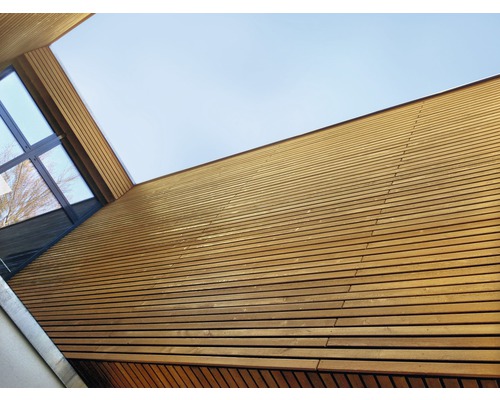 Fassade mit Holzverkleidung und Fenster zum Himmel