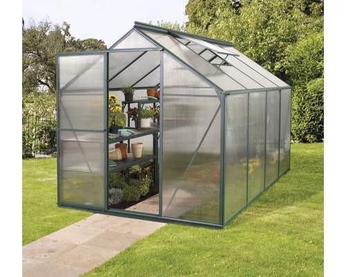 Gewächshaus Vitavia Triton 5000 Hohlkammerplatten 6 mm, grün Gewächshaus mit Regalen und Pflanzen im Garten.