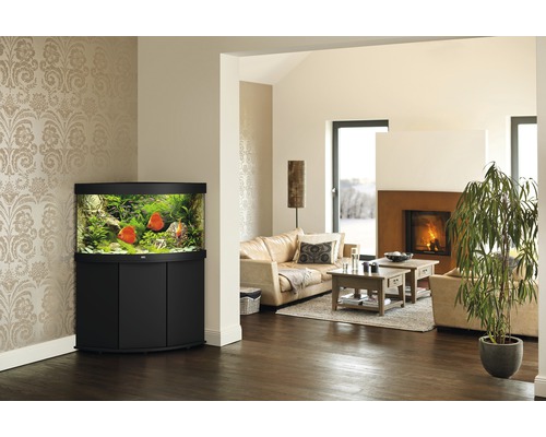 Eingerichtetes Eckaquarium mit Unterschrank in einem Wohnzimmer