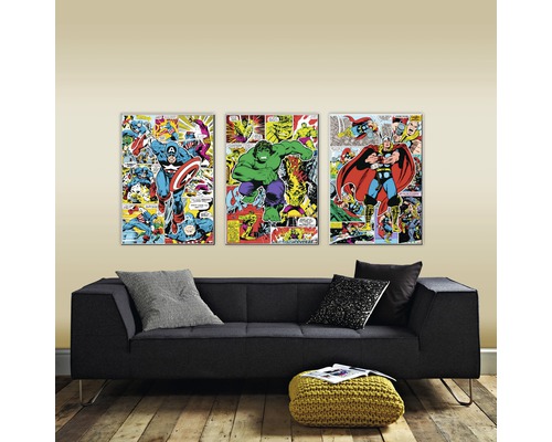 Toile décorative Marvel Comics avec Captain America, Hulk et Thor au-dessus d''un canapé