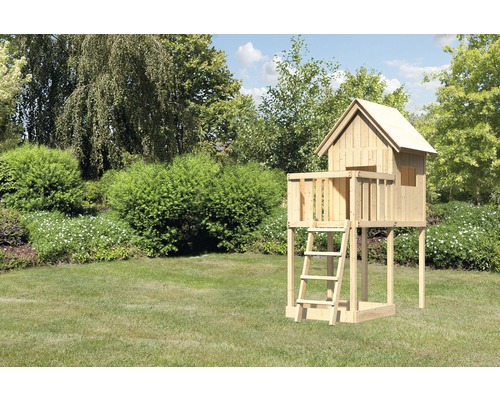 Cabane sur pilotis AKUBI Frieda avec extension et bac à sable Maison de jeu en bois avec échelle dans le jardin