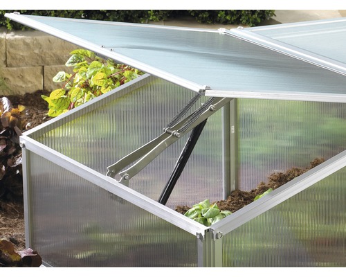 Système d'ouverture automatique des fenêtres Vitavia Univent Vue détaillée d''un châssis de culture avec couvercle ouvert et plantes à l''intérieur.