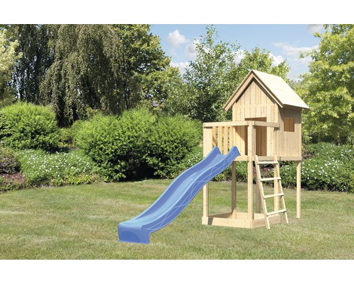 Cabane sur pilotis AKUBI Frieda en bois avec bac à sable, extension et toboggan bleu-0