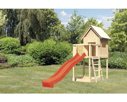 Cabane sur pilotis AKUBI Frieda en bois avec bac à sable, extension et toboggan rouge