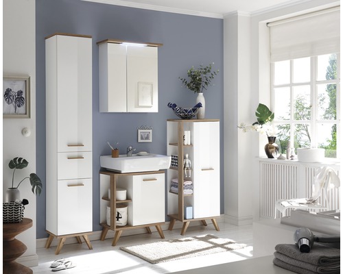Ensemble de salle de bains moderne avec lavabo, armoire de toilette et éléments de rangement pour une ambiance claire et organisée.