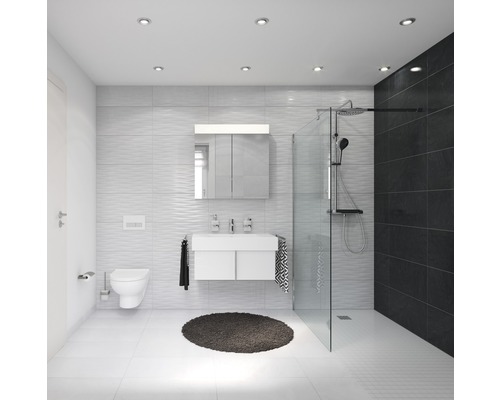 Salle de bains lumineuse avec douche, lavabo, armoire de toilette et WC