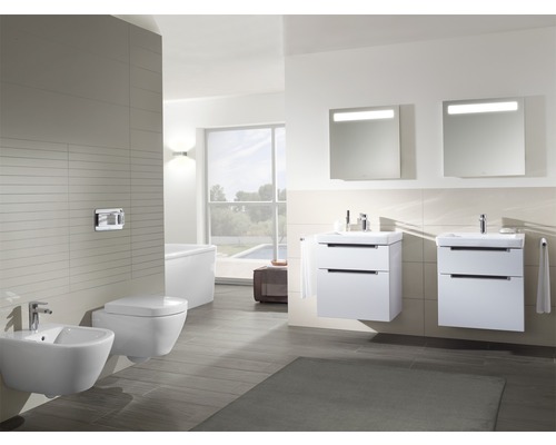 Salle de bains lumineuse avec toilettes, bidet, lavabos avec meubles sous-lavabos et miroir