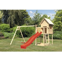 Cabane sur pilotis AKUBI Frieda en bois avec bac à sable, balançoire double, toboggan rouge