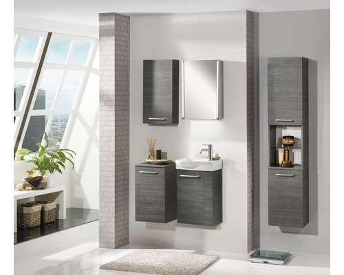 Salle de bains moderne avec lavabos gris, armoire de toilette à miroir et armoire haute pour un aménagement élégant