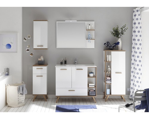 Ensemble de salle de bains moderne avec meuble sous-vasque, armoire de toilette, armoire haute et armoire latérale pour une ambiance élégante