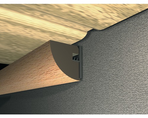 Corniche de plafond avec décor en bois et profilé de fixation