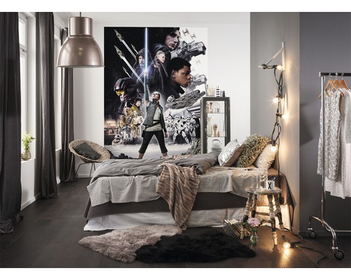 Schlafzimmer mit Bett, Teppichen, Kleiderständer und Star Wars Wandbild