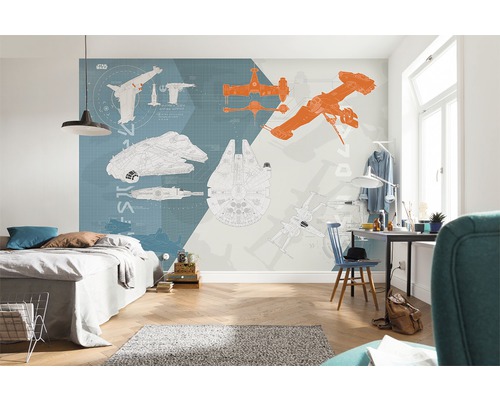 Modernes Zimmer mit Star Wars Fototapete mit Illustrationen von Raumschiffen