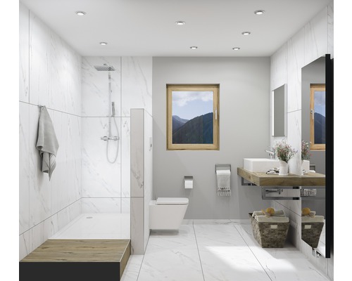 Salle de bain lumineuse avec douche, lavabo, miroir et fenêtre