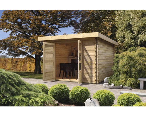 Abri de jardin en madriers Karibu Noorvik 2 255 x 273 cm, naturel Abri de jardin en bois avec portes doubles ouvertes et meubles à l''intérieur
