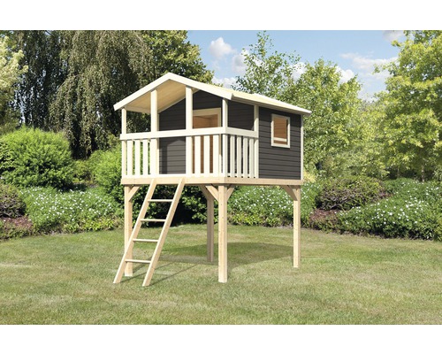 Cabane sur pilotis AKUBI Benjamin bois gris terre cuite Cabane de jeu en bois avec échelle dans le jardin