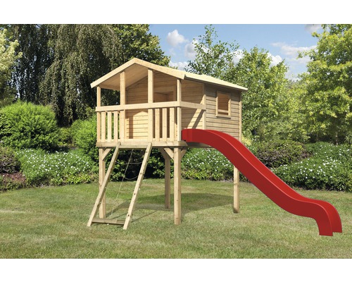 Cabane sur pilotis AKUBI Benjamin bois avec rampe avec filet et toboggan rouge Cabane sur pilotis AKUBI Benjamin bois avec rampe avec filet et toboggan rouge