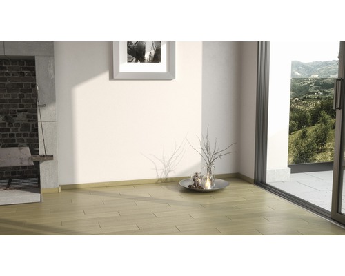Intérieur avec plancher en bois clair, cheminée et vue sur la verdure