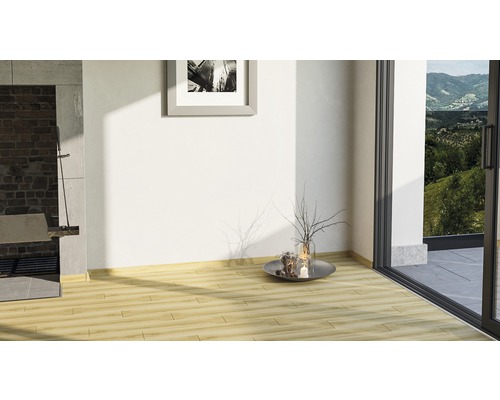 Pièce lumineuse avec parquet, tableau au mur et vue sur la verdure