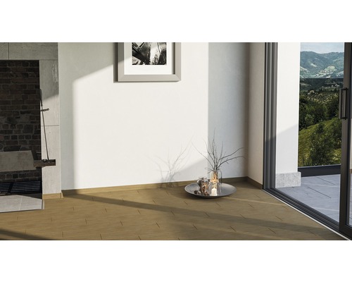 Pièce lumineuse avec parquet, cheminée et porte de terrasse
