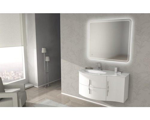 Set de meubles de salle de bains Baden Haus Sting lxhxp 104 x 146,5 x 52 cm couleur de façade blanc haute brillance avec vasque en verre blanc et vasque meuble sous vasque miroir