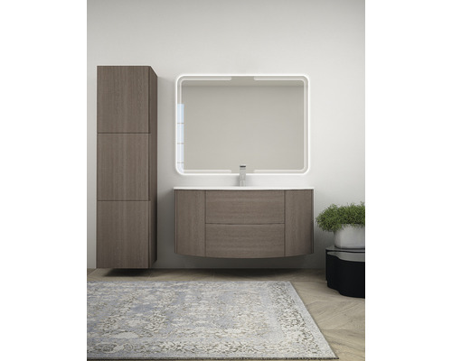 Ensemble de salle de bains moderne avec meuble sous-lavabo, armoire de toilette et armoire haute pour une ambiance élégante