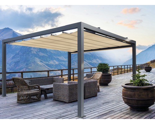 Terrasse avec pergola, mobilier de jardin et vue sur la montagne
