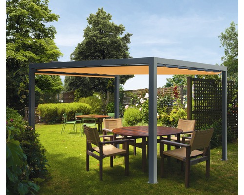 Pavillon Soluna gris 300 x 300 cm Dessin 0867 orange sans auvent vertical Pergola carrée avec protection solaire extensible dans un jardin.
