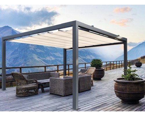 Terrasse avec pergola, meubles en rotin et vue sur la montagne