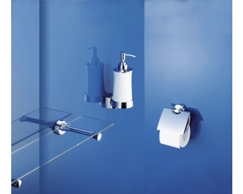 Badezimmerzubehör mit Glasablage, Seifenspender und Toilettenpapierhalter