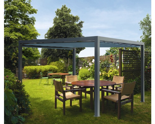 Pavillon Soluna gris 300 x 300 cm Dessin 7558 petrol sans auvent vertical Pergola avec protection solaire et mobilier de jardin dans le jardin