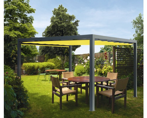 Pavillon Soluna gris 300 x 300 cm Dessin 7703 jaune sans auvent vertical Pergola carrée avec protection solaire jaune et mobilier de jardin sur une pelouse