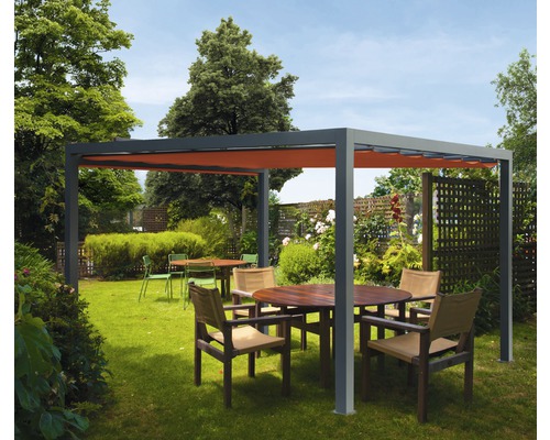 Pavillon Soluna gris 300 x 300 cm Dessin 8207 rouge sans auvent vertical Pergola avec store et coin salon dans le jardin
