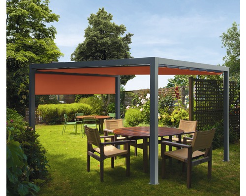 Pavillon Soluna gris 300 x 300 cm Dessin 8207 rouge avec auvent vertical