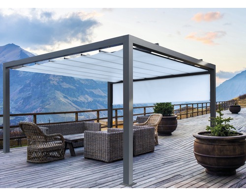 Pergola moderne avec toit en tissu et mobilier de jardin sur une terrasse en bois avec vue sur la montagne