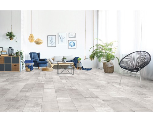 Heller Wohnraum mit Holzboden, Sofa, Sessel und Dekoration