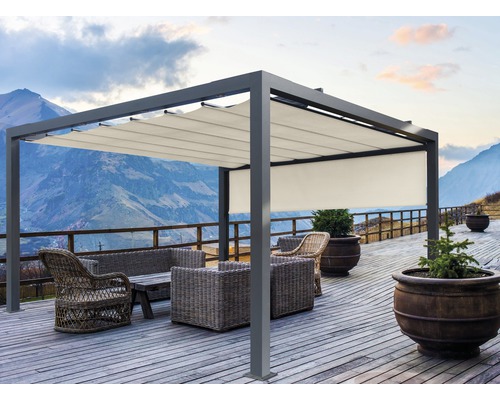 Terrasse avec pergola, meubles et pots de fleurs avec vue sur les montagnes