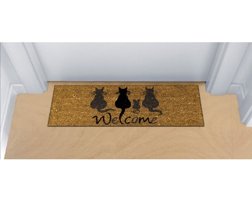 Paillasson en fibre de coco avec motif de chat et message de bienvenue