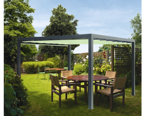 Pavillon Soluna gris 300 x 300 cm Dessin 7557 vert sans auvent vertical Scène avec pavillon de jardin et coin salon sur une pelouse