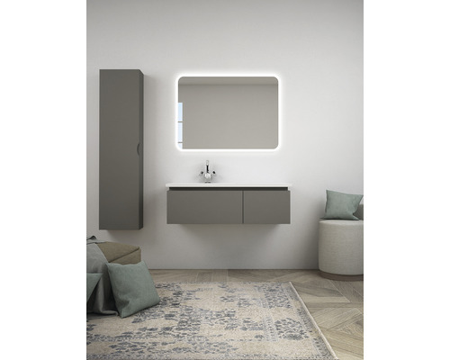 Salle de bain avec meuble sous-lavabo, armoire de toilette et armoire haute