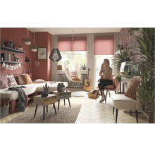 Chambre confortable avec lit de jour en palettes, suspension, fauteuil suspendu et stores enrouleurs