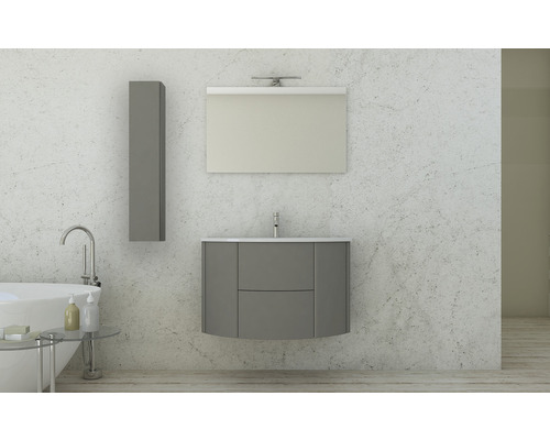 Salle de bains moderne avec meuble sous-lavabo, armoire de toilette et armoire haute