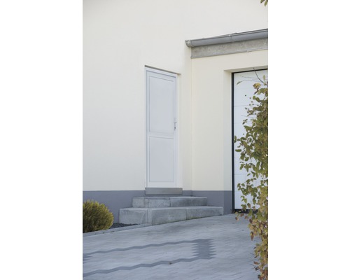 Vue extérieure d''une maison avec porte d''entrée, garage et allée pavée.