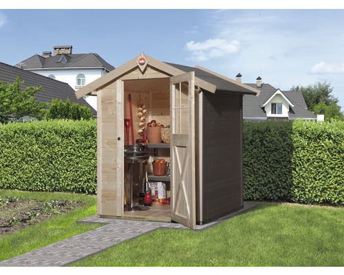 Abri de jardin weka avec plancher 191 x 171 cm naturel Scène de jardin avec remise de jardin ouverte pour ranger les outils et accessoires de jardin.