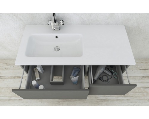 Meuble-lavabo avec système de tiroirs ouverts pour ranger les articles de salle de bain