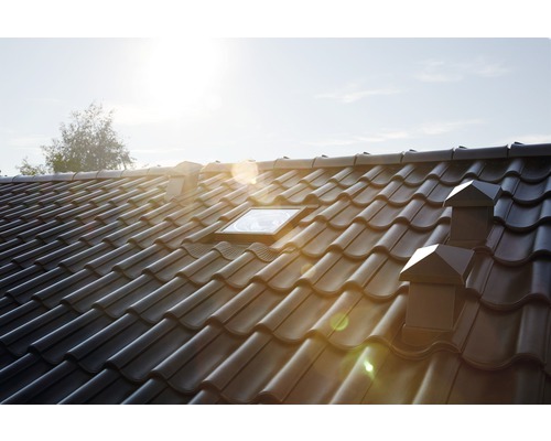 Toit avec tuiles, fenêtre de toit et ventilateur