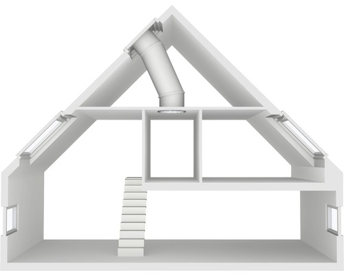 Vue en coupe d''un grenier avec spot de lumière du jour, fenêtres de toit et escalier