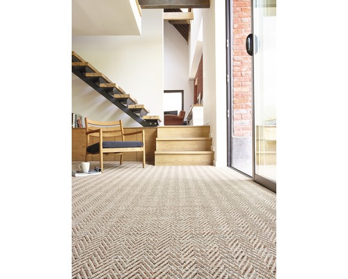 Salon avec moquette, escalier et siège
